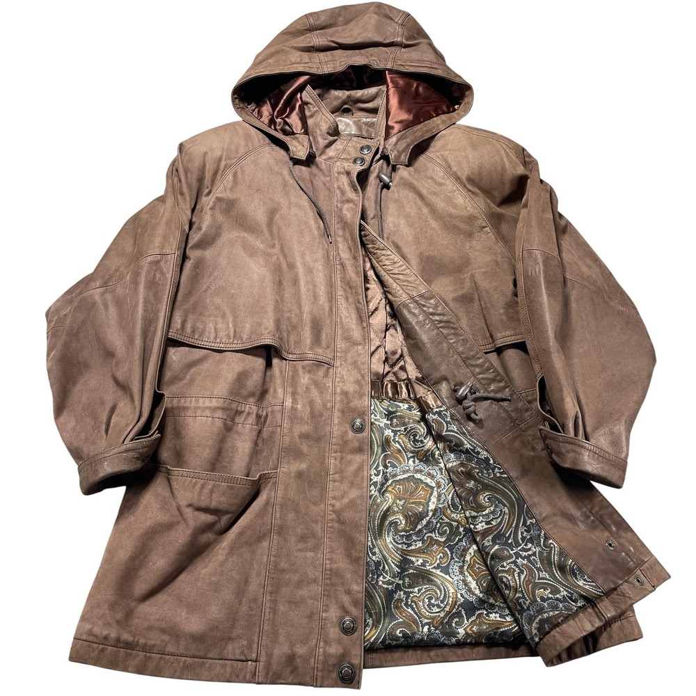 Vintage Adventure Bound Coat Womens Large Brown Suede Hooded Parka Quilted Lined